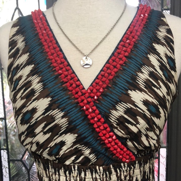 Charter Club Red Beaded V-Neckline Sleeveless Multicolored Boho Dress - Picture 2 of 10
